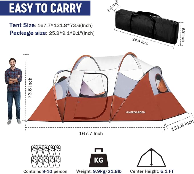 HIKERGARDEN 10 Person Camping Tent - Portable Easy Traveling-14'x11'x74in(H)