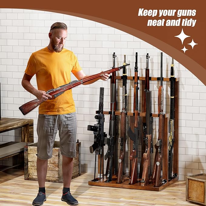 Indoor Gun Racks, Wooden Free Standing Heavy Duty Shotgun Display Rack, Rifle Stand Organizer, 12 Rifles Storage Holder Wood Gun Rack (Walnut)