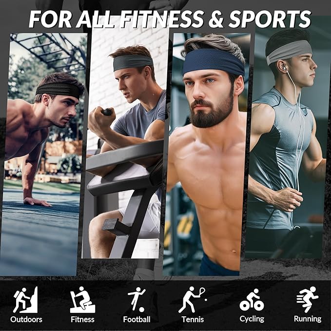 Sukeen Sports Headbands for Men, Moisture Wicking Sweat Bands Headbands Non-Slip, Breathable Elastic Sweatband, Running Headband for Yoga, Tennis, Fitness Workout