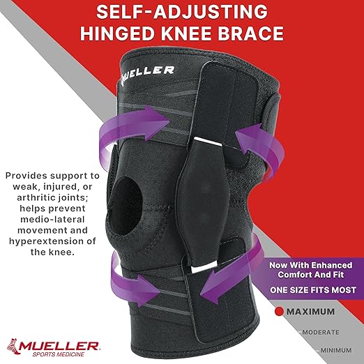 MUELLER Sports Medicine Self Adjusting Hinged Knee Brace, Knee Pain Relief Support for Men and Women, Ideal for Arthritis, Sprains, Black, One Size