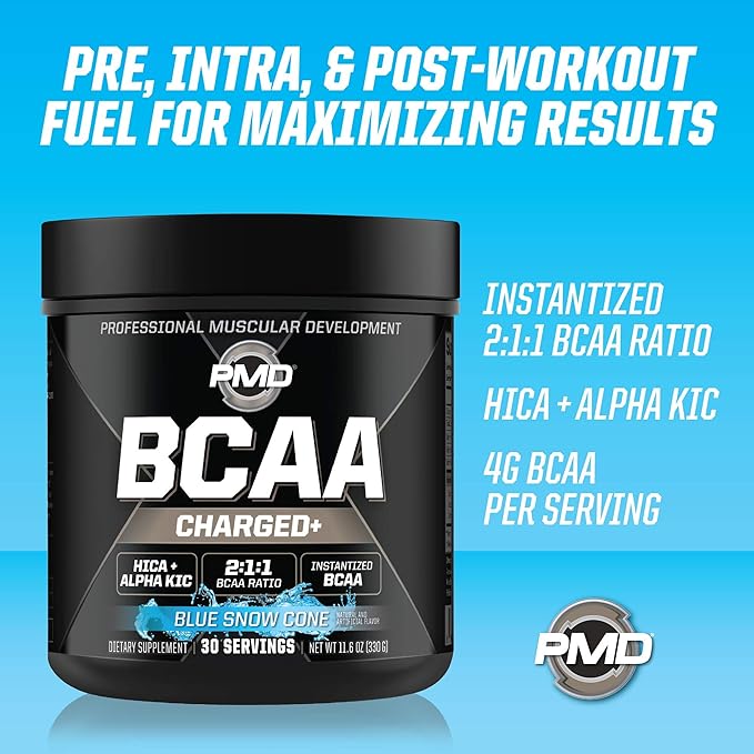 PMD Sports BCAA Charged Delicious Amino Acid Drink Mix for Performance, Recovery, Endurance, and Hydration - Increase Muscle Function for Workout and Daily Energy – Blue Snow Cone (30 Servings)