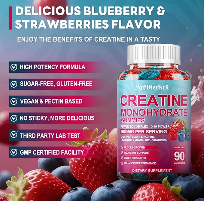 Creatine Monohydrate 8000mg Gummies with BCAA, L-Carnitine, Taurine & Vitamin B12 - Pre Workout Supplement for Muscle Growth, Strength & Energy, Multi-Flavor Chewable Gummies, 90 Count for Men & Women