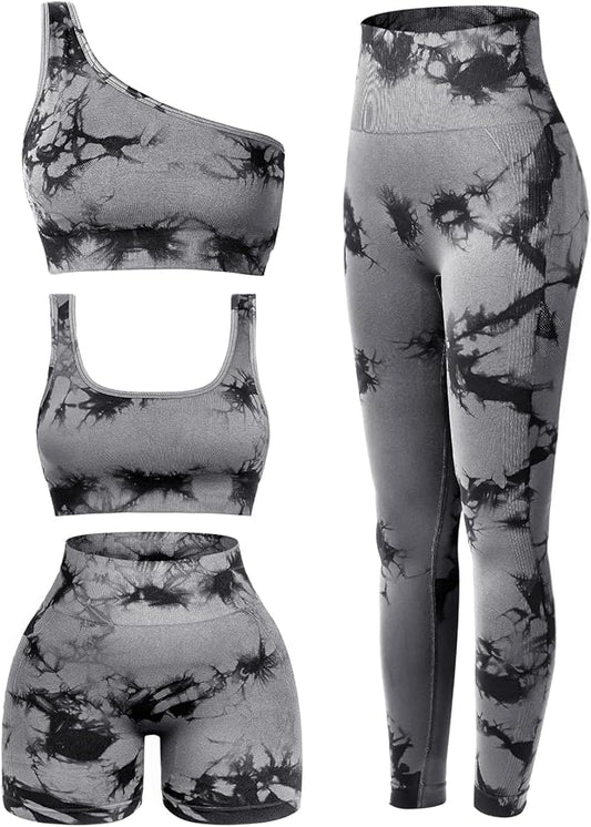 4 Pcs Women's Workout Sets Pilates Exercise Outfit Ribbed Scoop Neck Sports Bra Shorts Leggings Gym Clothes Set