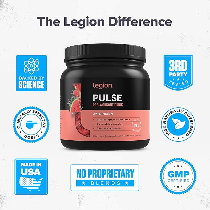 LEGION- All Natural Nitric Oxide Preworkout Drink to Boost Energy, Creatine Free, Naturally Sweetened, Beta Alanine, Citrulline, Alpha GPC (Watermelon)