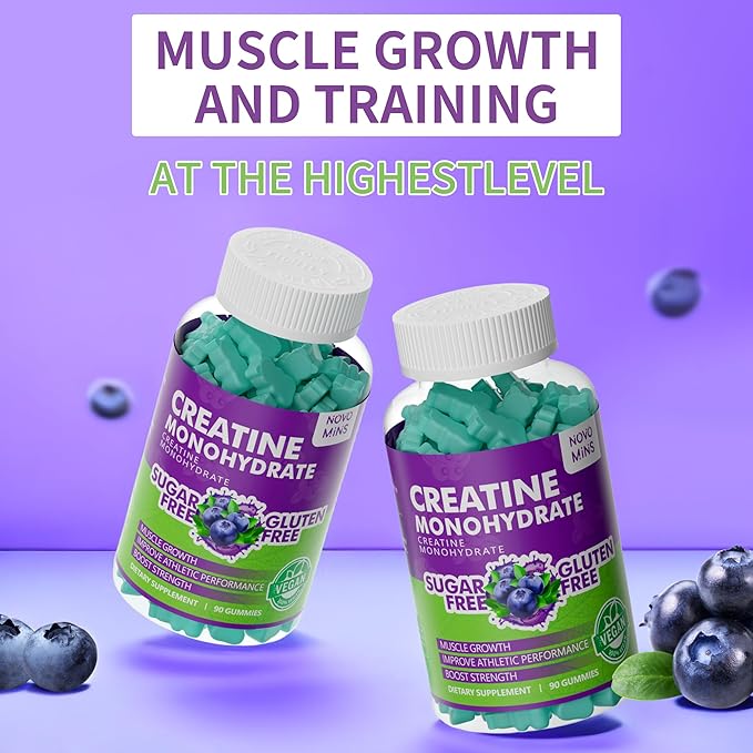 Creatine Monohydrate Gummies 5000mg for Men & Women, Chewables Creatine Monohydrate for Muscle Strength, Muscle Builder, Energy Boost, Pre-Workout Supplement(90 Count)-Blueberry Flavor.