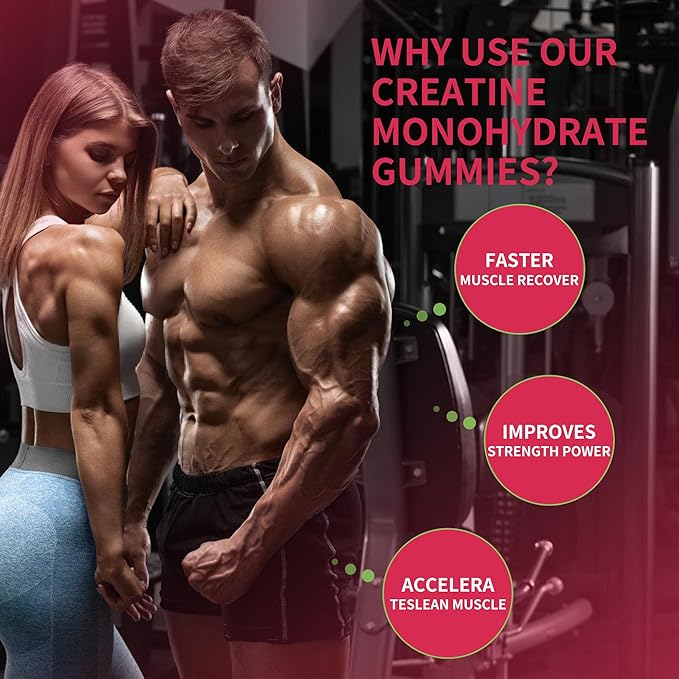 Creatine Monohydrate Gummies 5g for Men Women - Sugar Free Chewable Supplement. 180 Gummies Strawberry