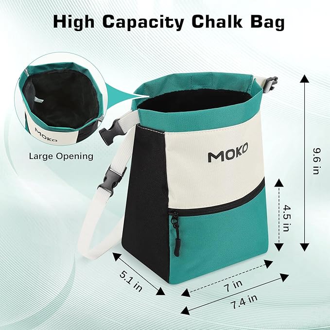 MoKo Chalk Bag for Rock Climbing, Large Capacity Climbing Chalk Bag with Magnetic Snap and Zipper Pocket, Portable Chalk Bucket for Rock Climbing, Weight Lifting, Bouldering, Gymnastics, Fitness