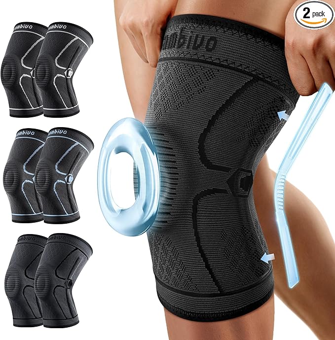 CAMBIVO Knee Brace for Men & Women, 2 Pack Knee Compression Sleeve for Knee Pain Relief, Knee Brace with Side Stabilizers & Patella Pad for Meniscus Tear, Gym Running Working Out（Large, STS-Black）