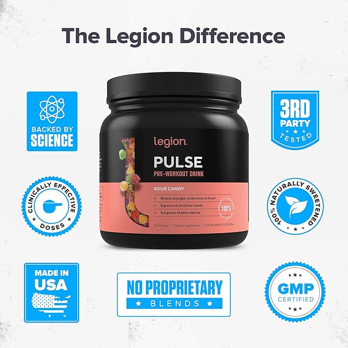 LEGION- All Natural Nitric Oxide Preworkout Drink to Boost Energy, Creatine Free, Naturally Sweetened, Beta Alanine, Citrulline, Alpha GPC (Sour Candy)
