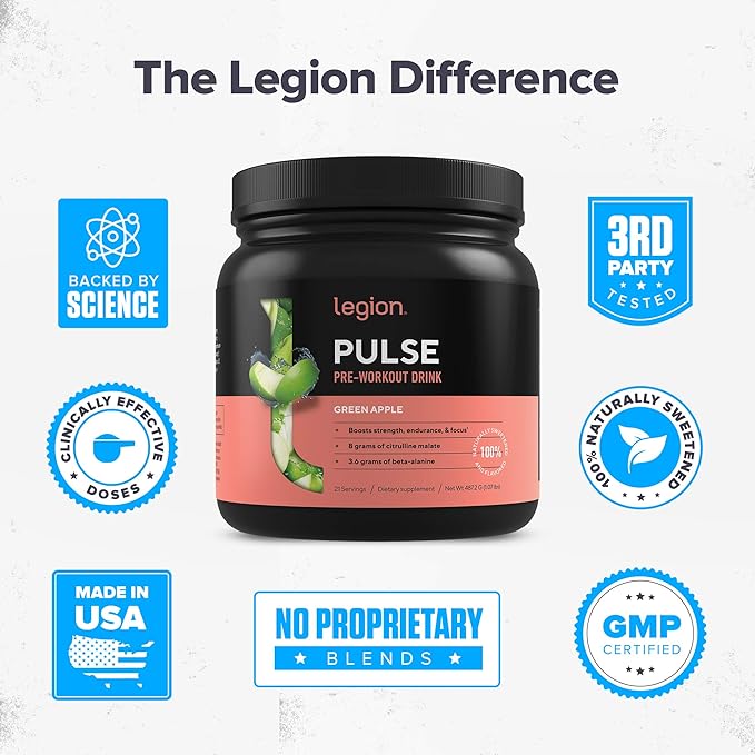 LEGION Pulse Pre Workout - All Natural Nitric Oxide Preworkout Drink to Boost Energy, Creatine Free, Naturally Sweetened, Beta Alanine, Citrulline, Alpha GPC (Green Apple)