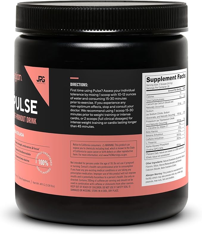 LEGION Pulse Pre Workout - All Natural Nitric Oxide Preworkout Drink to Boost Energy, Creatine Free, Naturally Sweetened, Beta Alanine, Citrulline, Alpha GPC (Pina Colada)