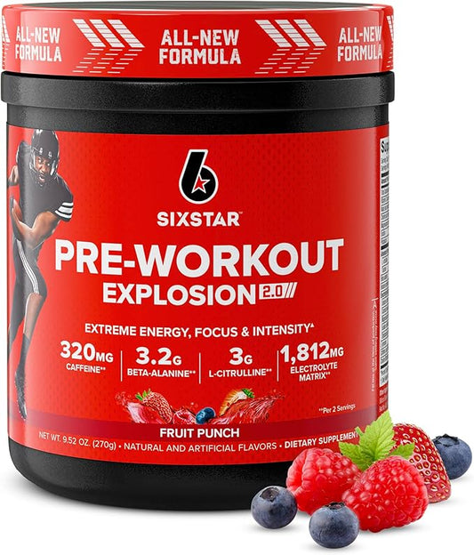 Six Star Pre-Workout Powder for Men & Women, Fruit Punch (30 Servings) - Preworkout Explosion 2.0 Energy Powder Drink Mix with Beta-Alanine & Caffeine - Sports Nutrition Supplement Products