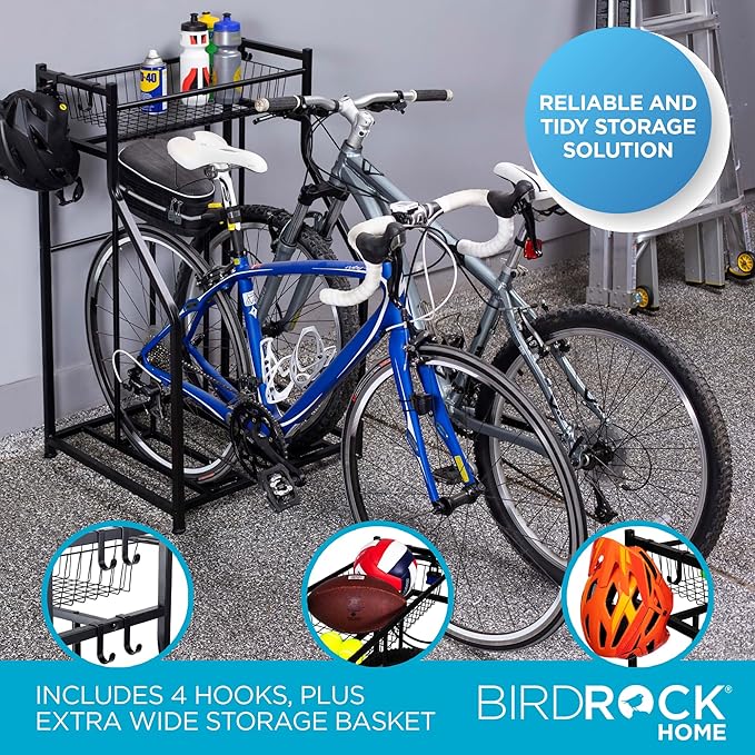 BIRDROCK HOME Bike Rack Garage Storage Floor Stand - Freestanding Organizer for Outdoor Yard - Upright Wall Mount for Scooters, Rakes, Motorcycles, Hoverboards, Gloves - Holds 2 Bicycle - Black